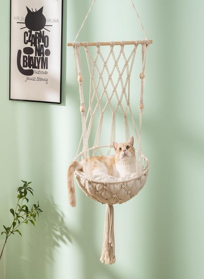 ecofynd Macrame Hanging Cat Hammock Without Cat Bed, Kittens Boho Swing Bed Wall Furniture For Hang Bed For Sleeping, Playing, Climbing & Lounging (39'' L X 14'' W, Bh028), Beige,White - Image 1